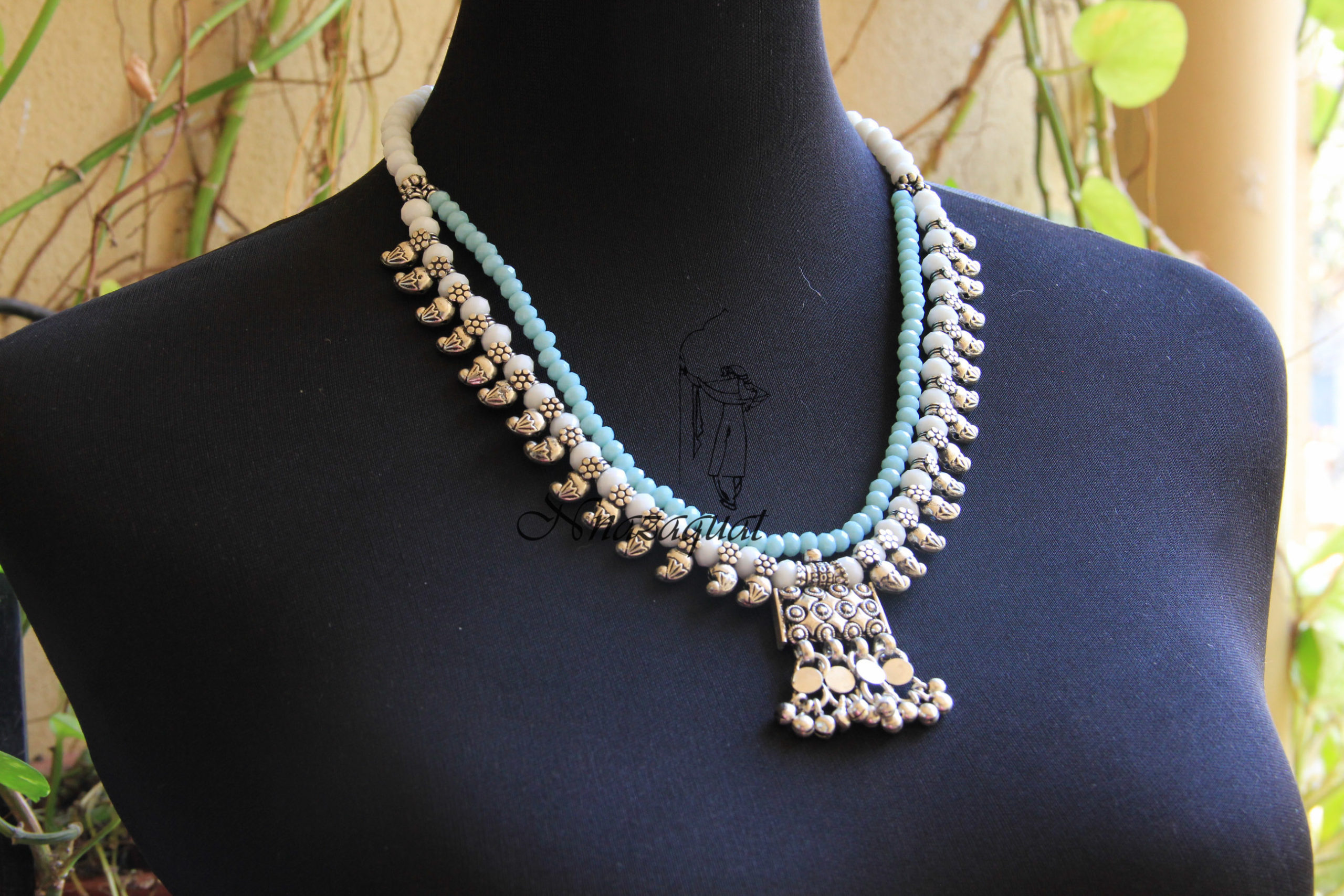 Rubans Ocean's Elegance White Pearl Blue Stone Necklace Set