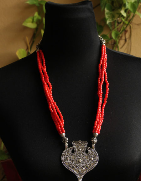 Red multi layered tribal necklace
