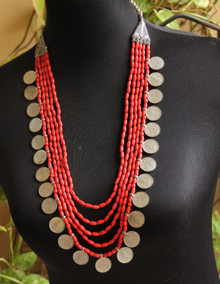 Red tribal coin necklace