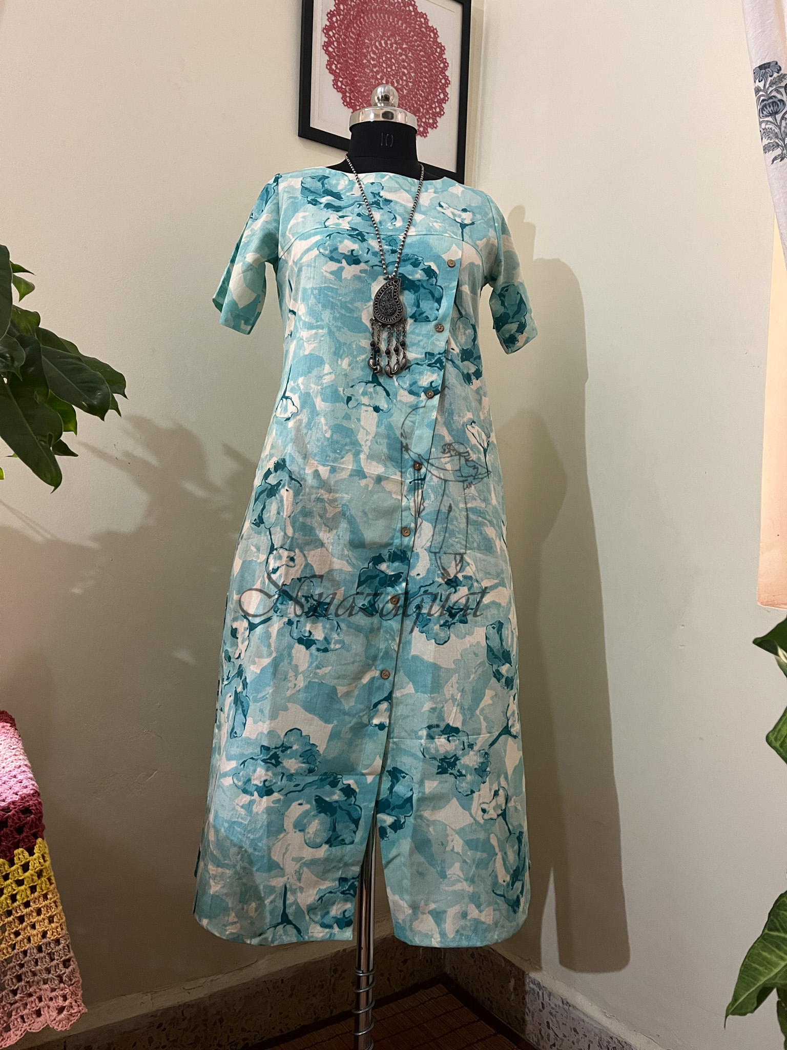 Sea green cotton linen dress