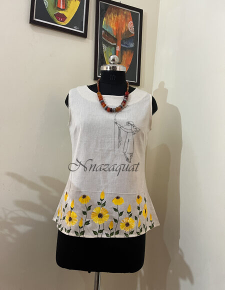 Hand painted off white Linen short top