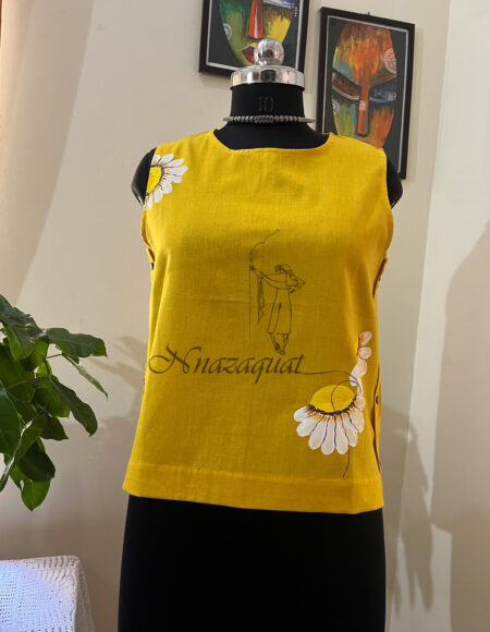Hand painted Yellow Linen short top