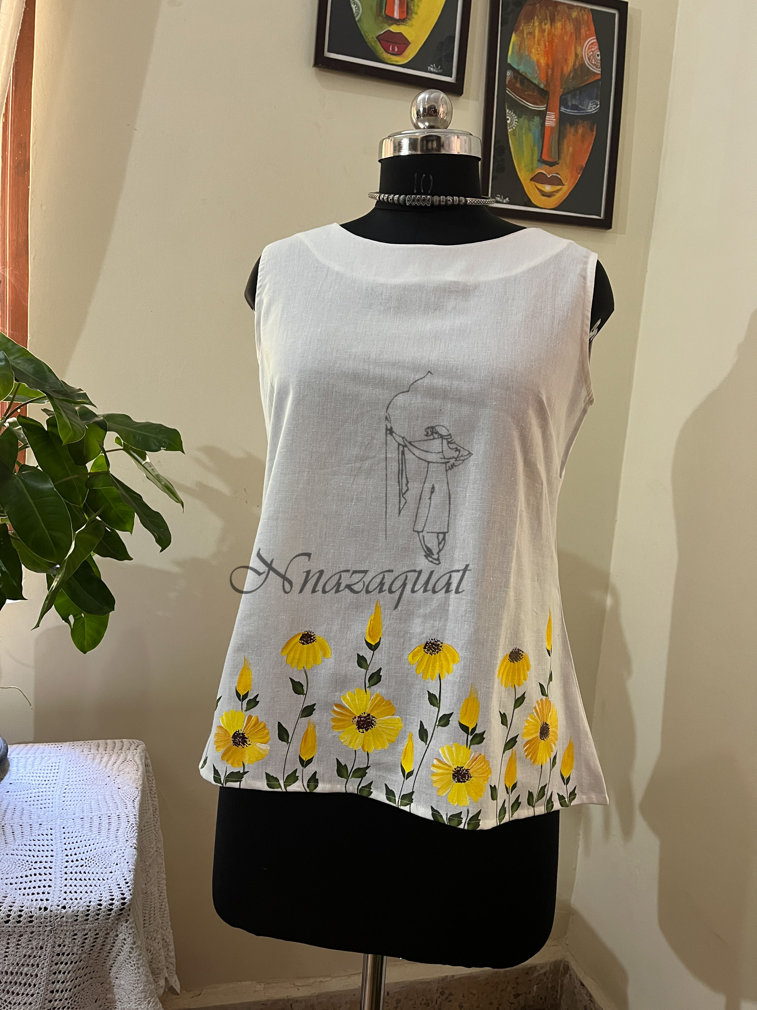 Hand painted white Linen short top.