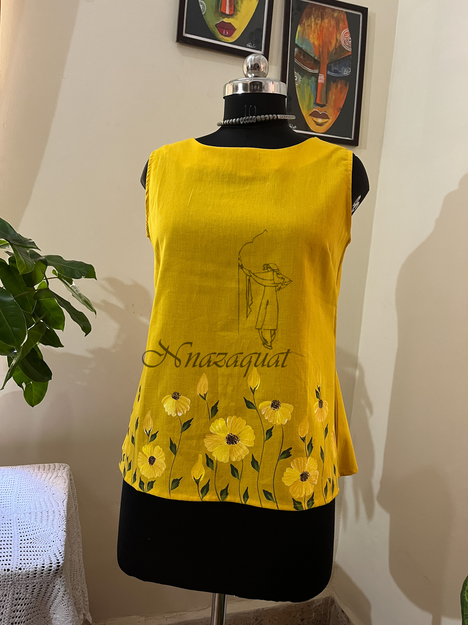 Hand painted yellow Linen short top.