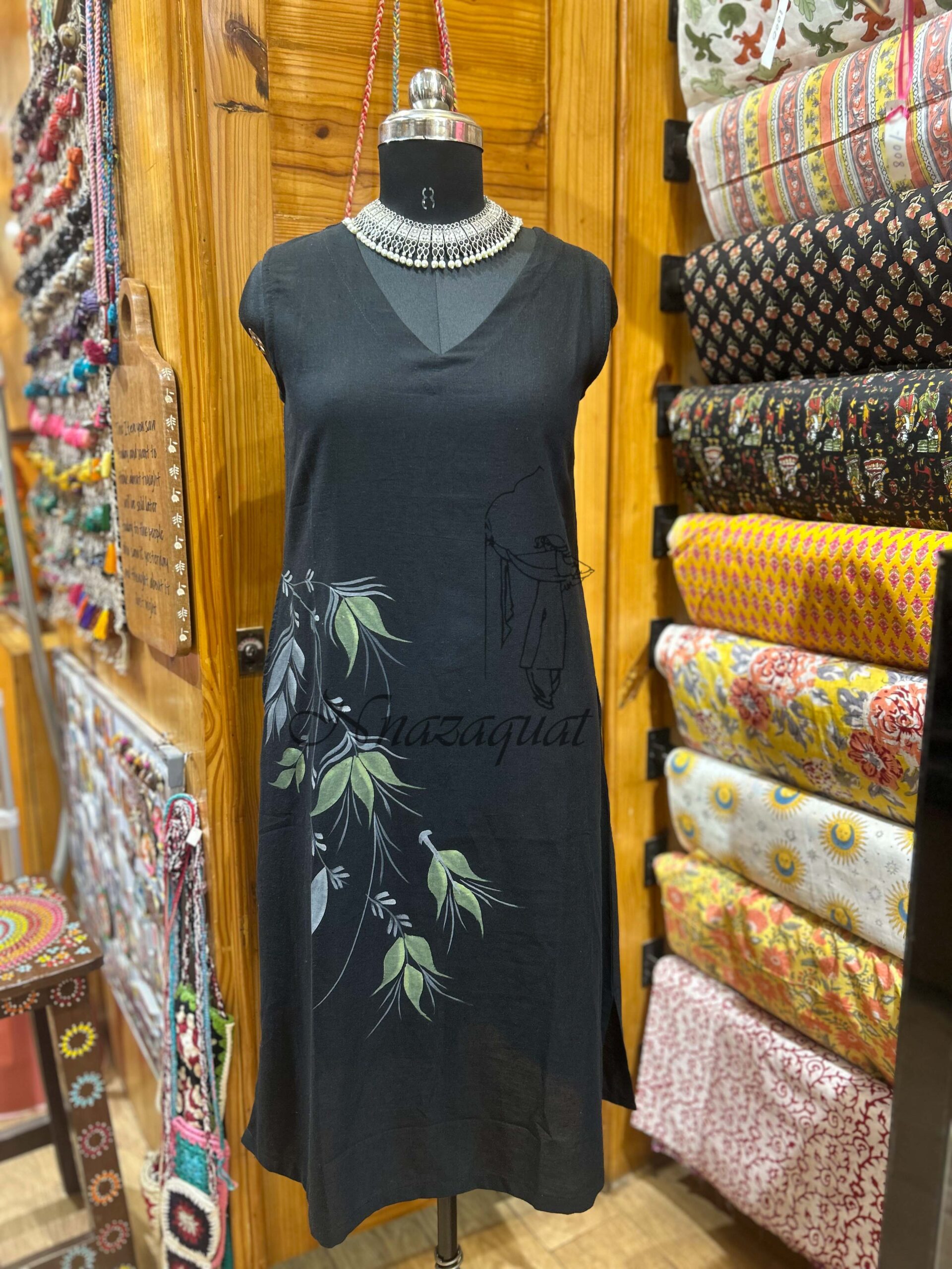 Hand-Painted Leaf Motif Cotton Linen Blend V-Neck Sleeveless Dress Black
