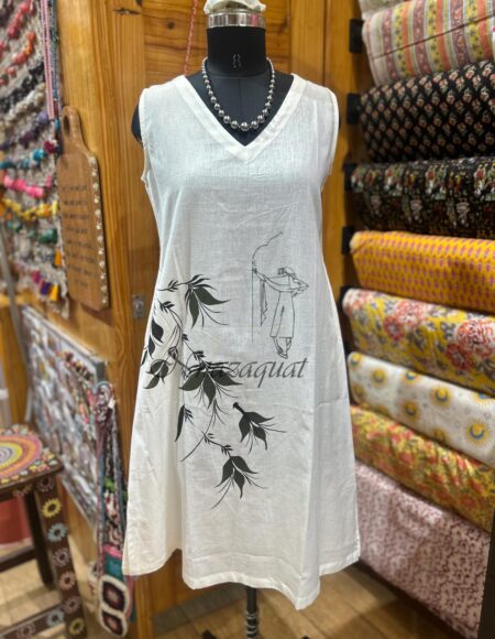 Hand-Painted Leaf Motif Cotton Linen Blend V-Neck Sleeveless Dress White