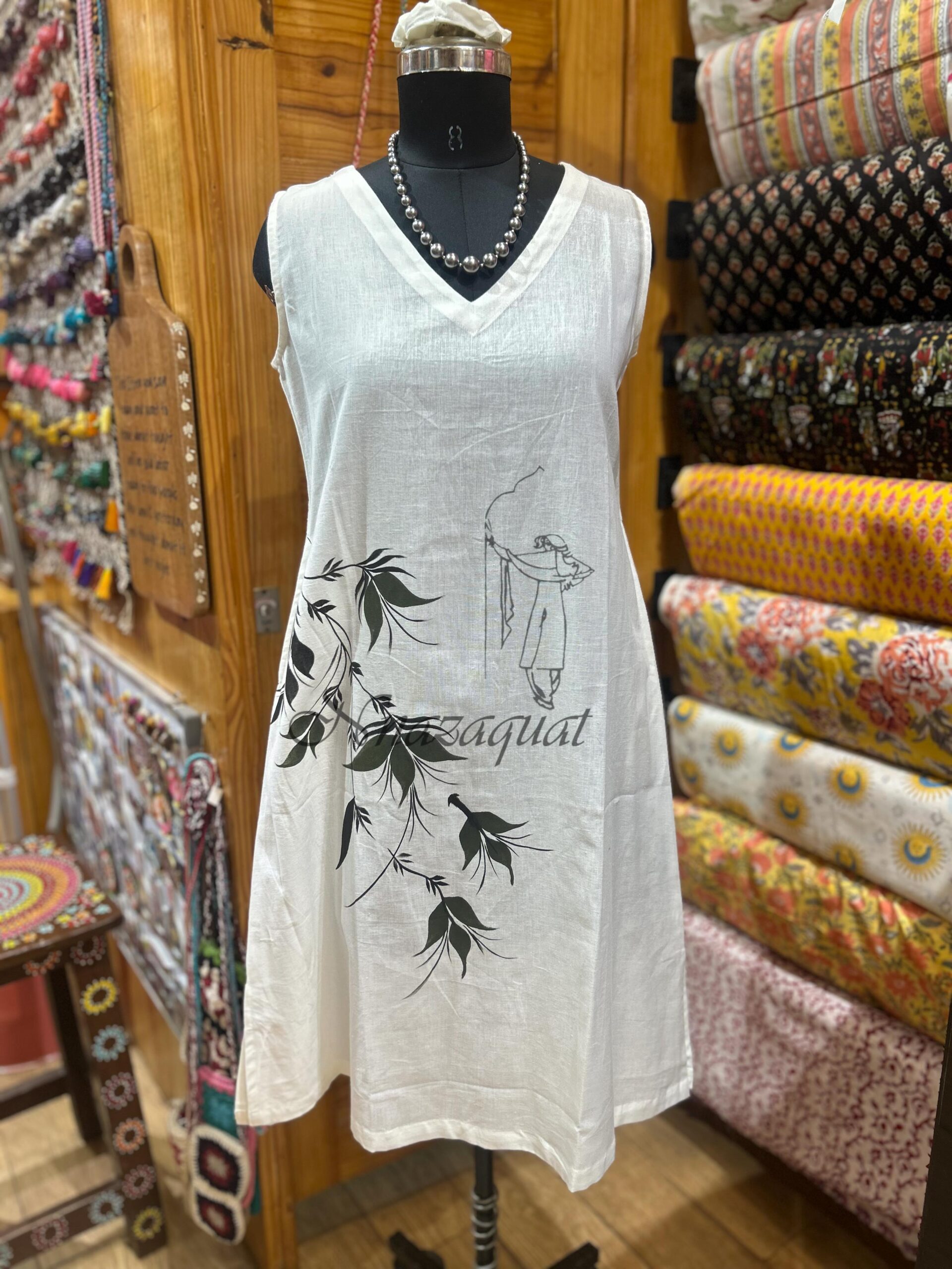 Hand-Painted Leaf Motif Cotton Linen Blend V-Neck Sleeveless Dress White
