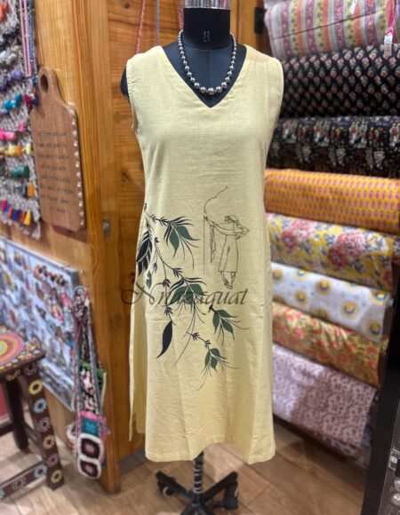 Hand-Painted Leaf Motif Cotton Linen Blend V-Neck Sleeveless Dress Pastel Yellow