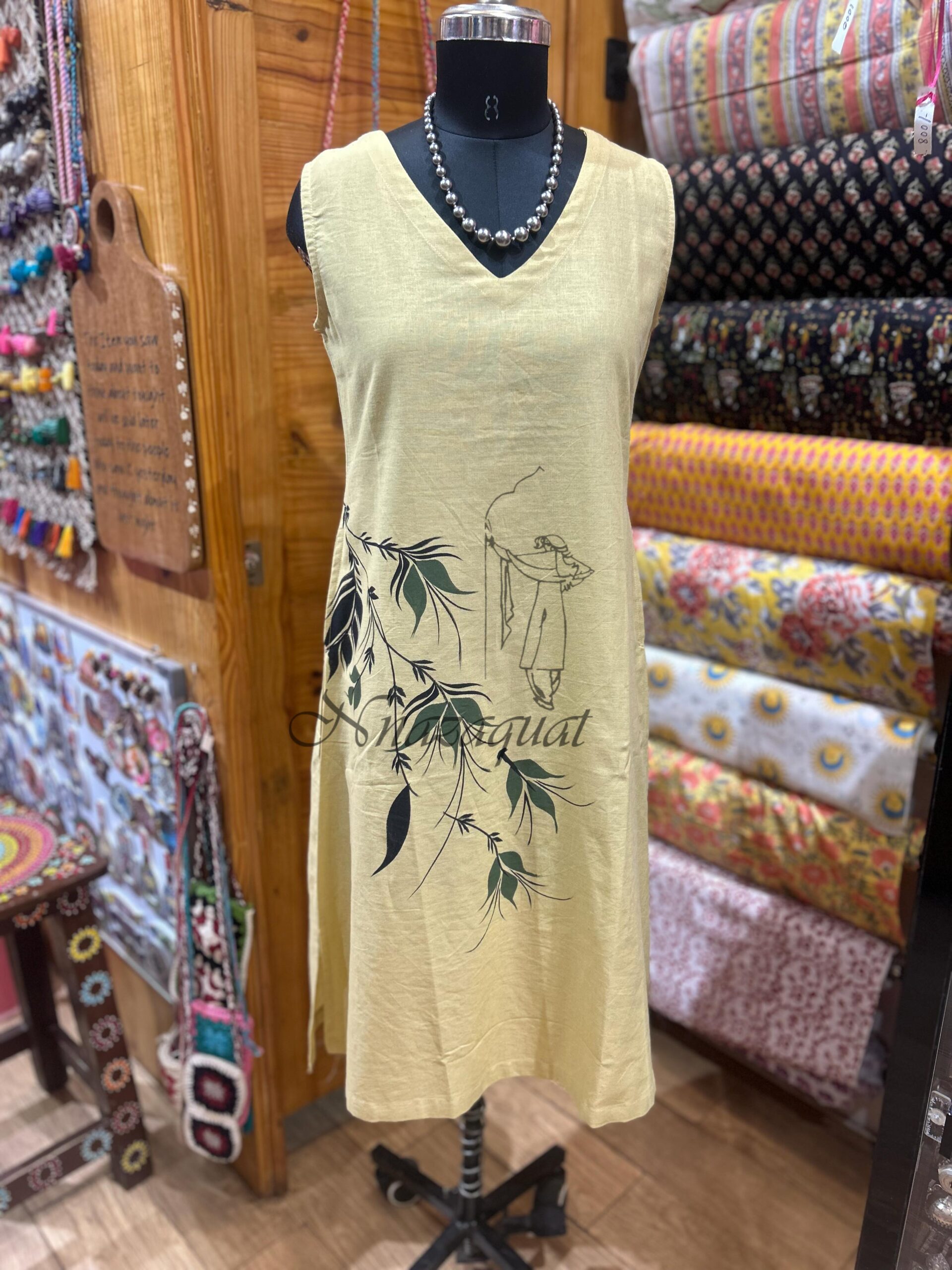 Hand-Painted Leaf Motif Cotton Linen Blend V-Neck Sleeveless Dress Pastel Yellow