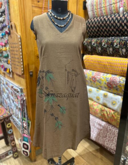 Hand-Painted Leaf Motif Cotton Linen Blend V-Neck Sleeveless Dress Brown