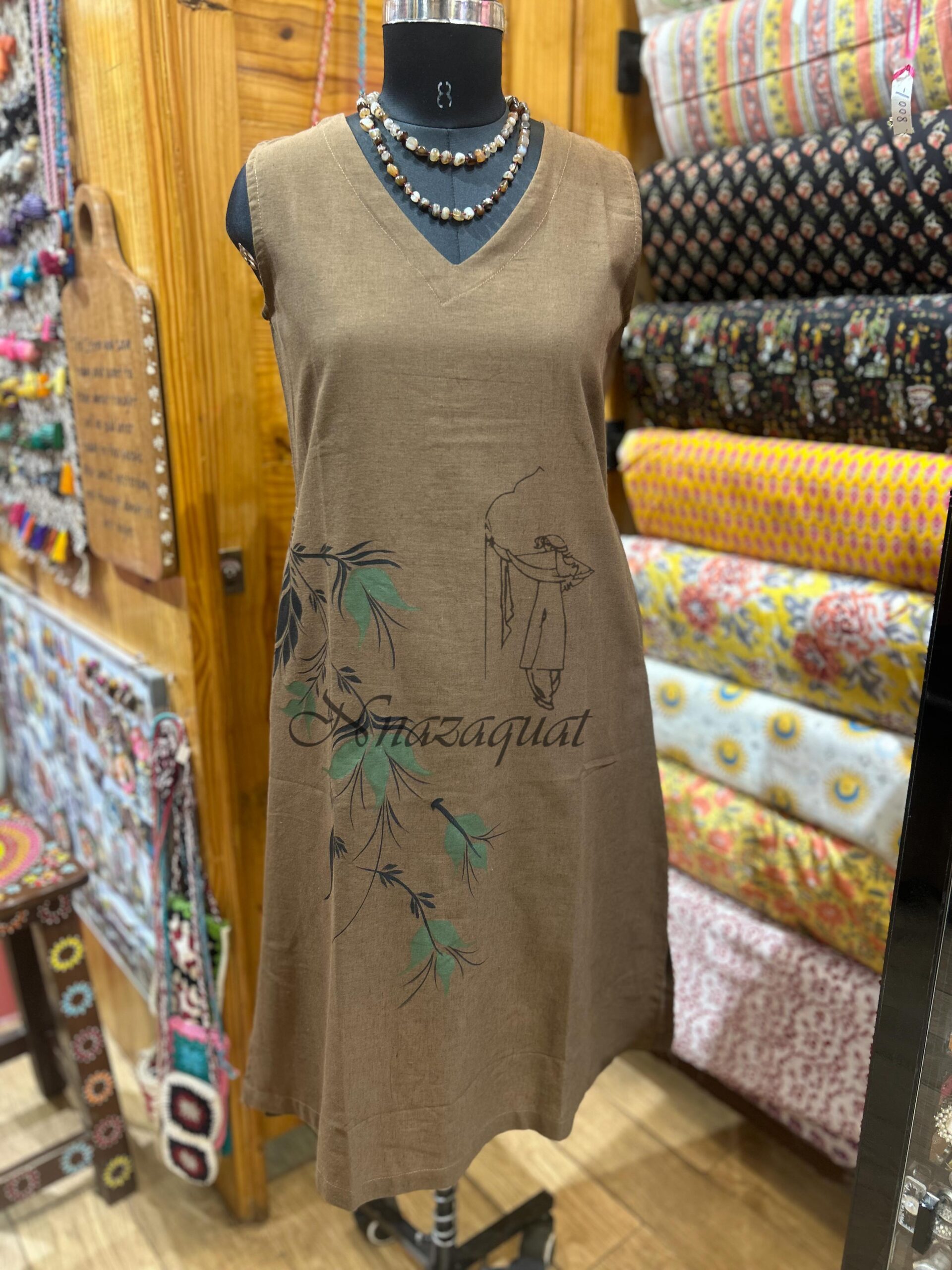 Hand-Painted Leaf Motif Cotton Linen Blend V-Neck Sleeveless Dress Brown