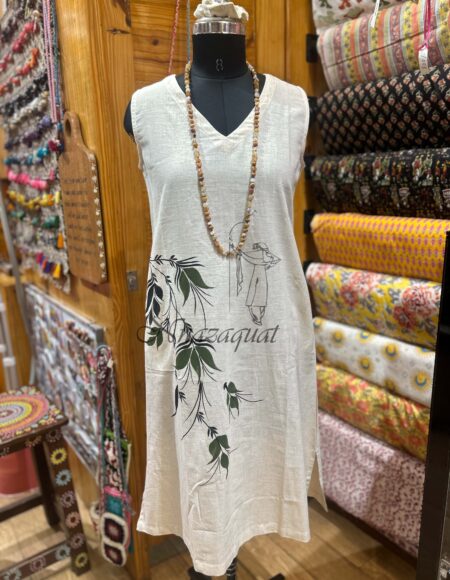 Hand-Painted Leaf Motif Cotton Linen Blend V-Neck Sleeveless Dress Off-white