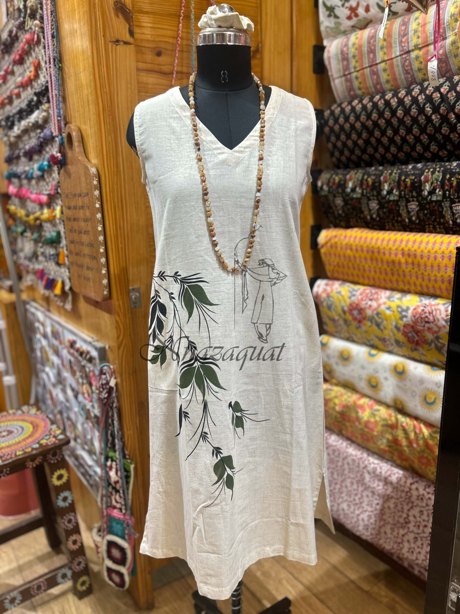 Hand-Painted Leaf Motif Cotton Linen Blend V-Neck Sleeveless Dress Off-white